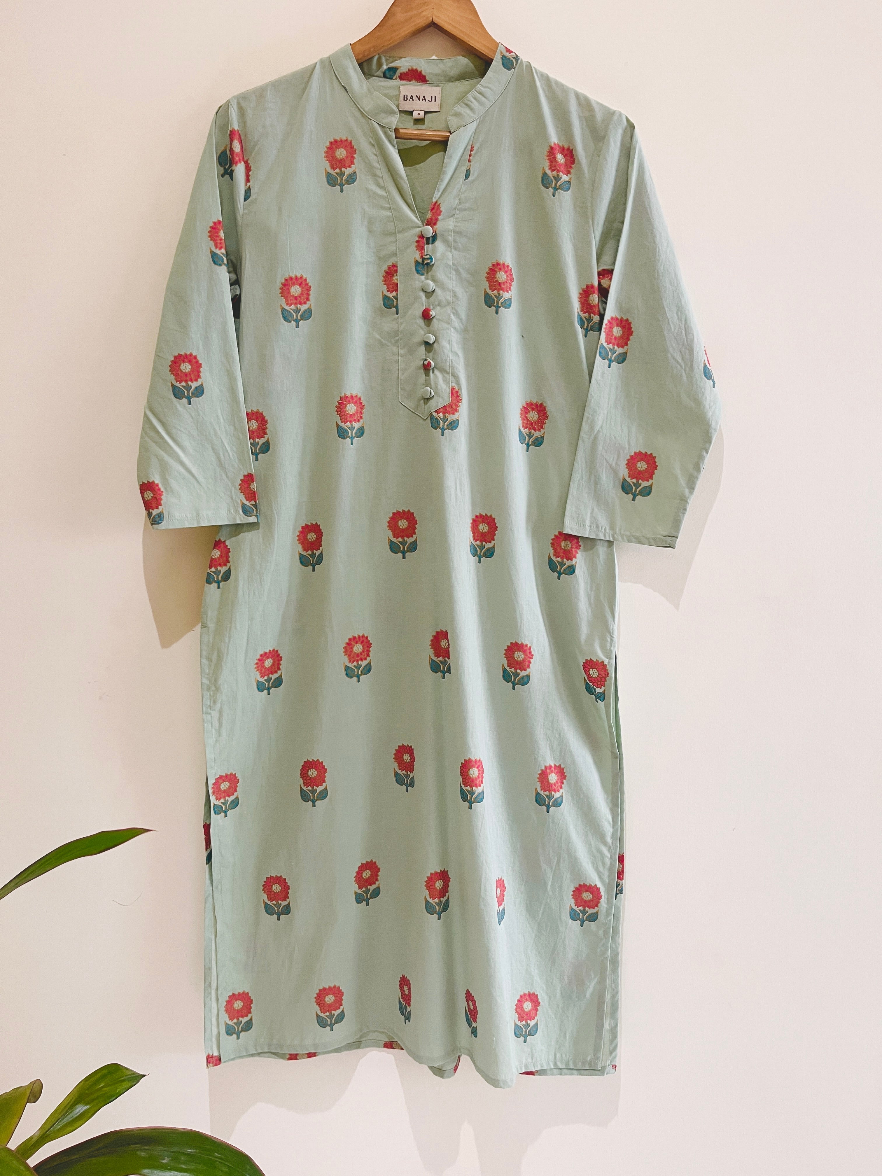 Green Block Printed Cotton  Kurta