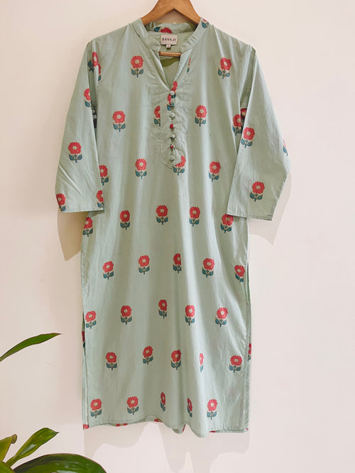 Green Block Printed Cotton  Kurta