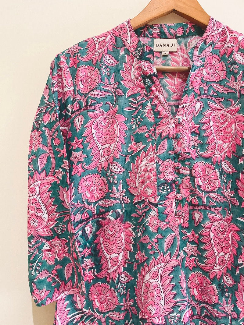 Green Paisley Block  Printed Cotton  Kurta