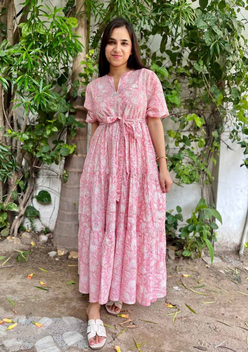 Blooming Peach: Floral Cotton Tiered Dress