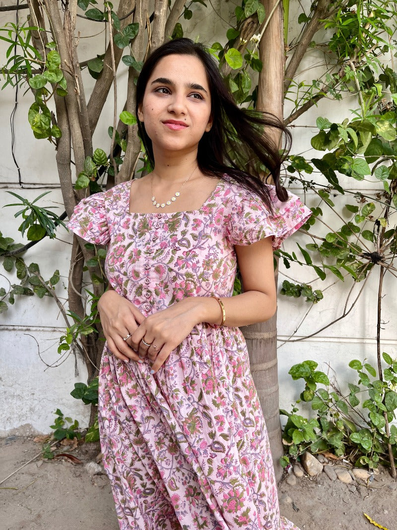 Pink Chintz Floral Block Printed Dress