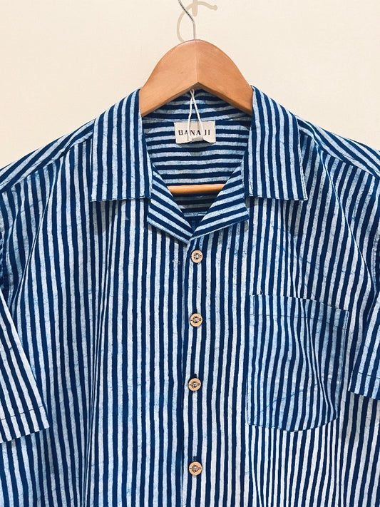 NATURAL INDIGO COTTON DABU PRINTED HALF SLEEVE SHIRT
