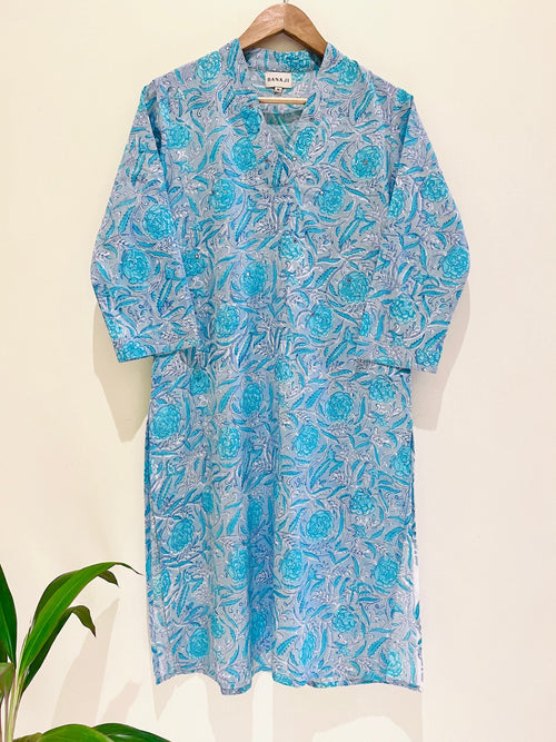 Teal Block Printed Cotton  Kurta