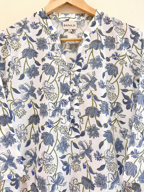 Grey Floral Cotton Block Printed  Kurta