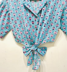 Aqua Blossom Tie-Front Crop Shirt