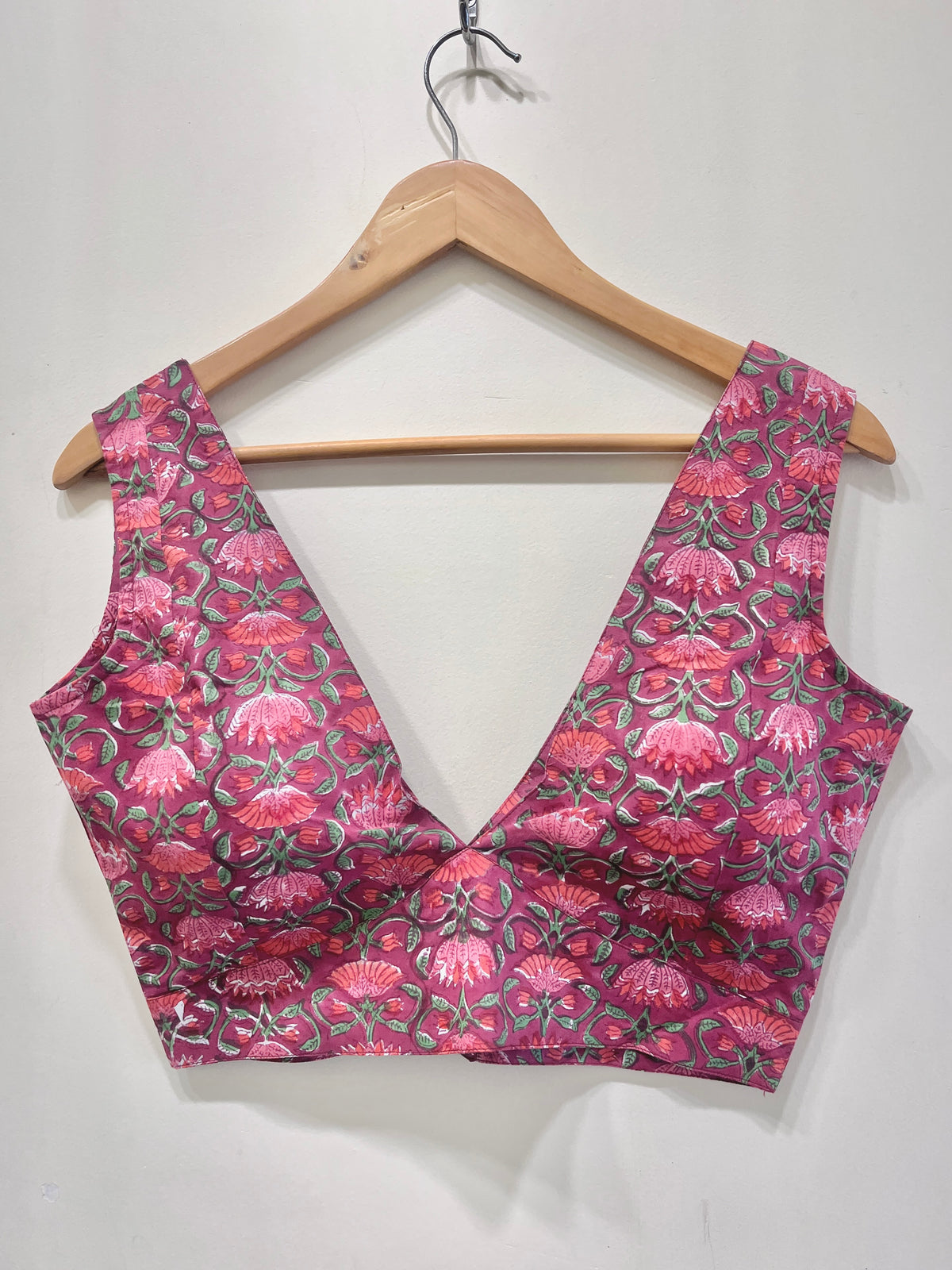 Pink Floral Deep V-Neck Padded Blouse