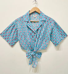 Aqua Blossom Tie-Front Crop Shirt