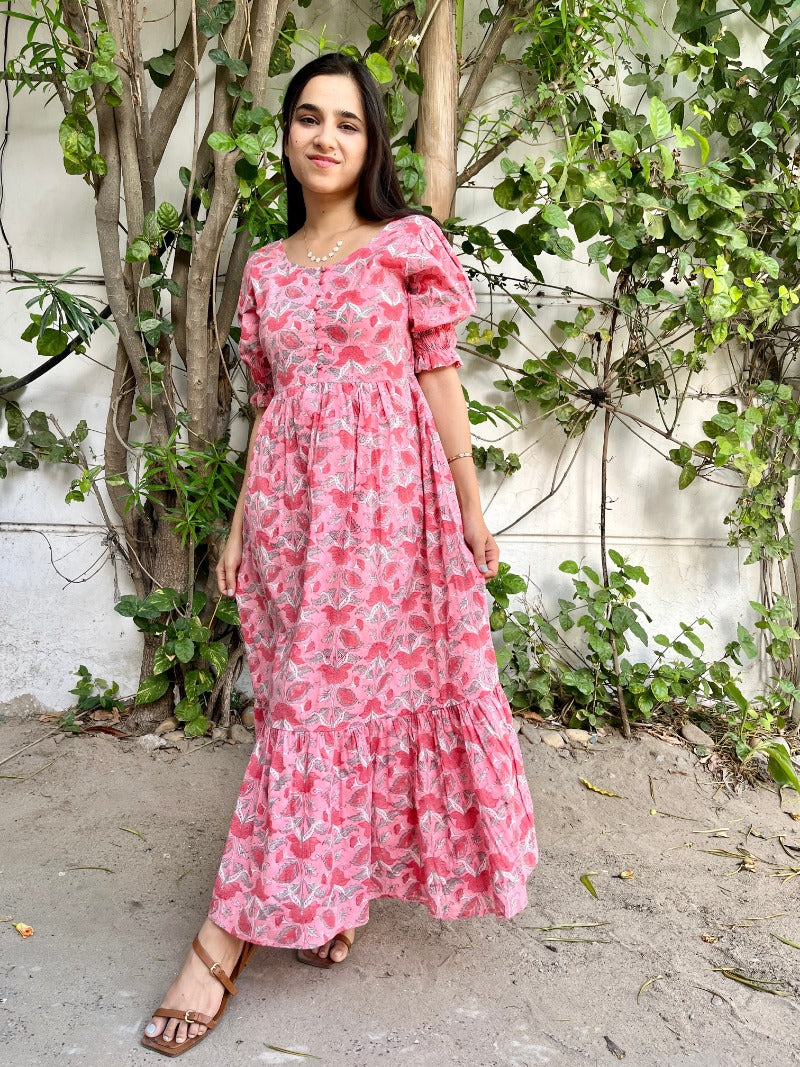 Pink Bloom Block Printed Dress