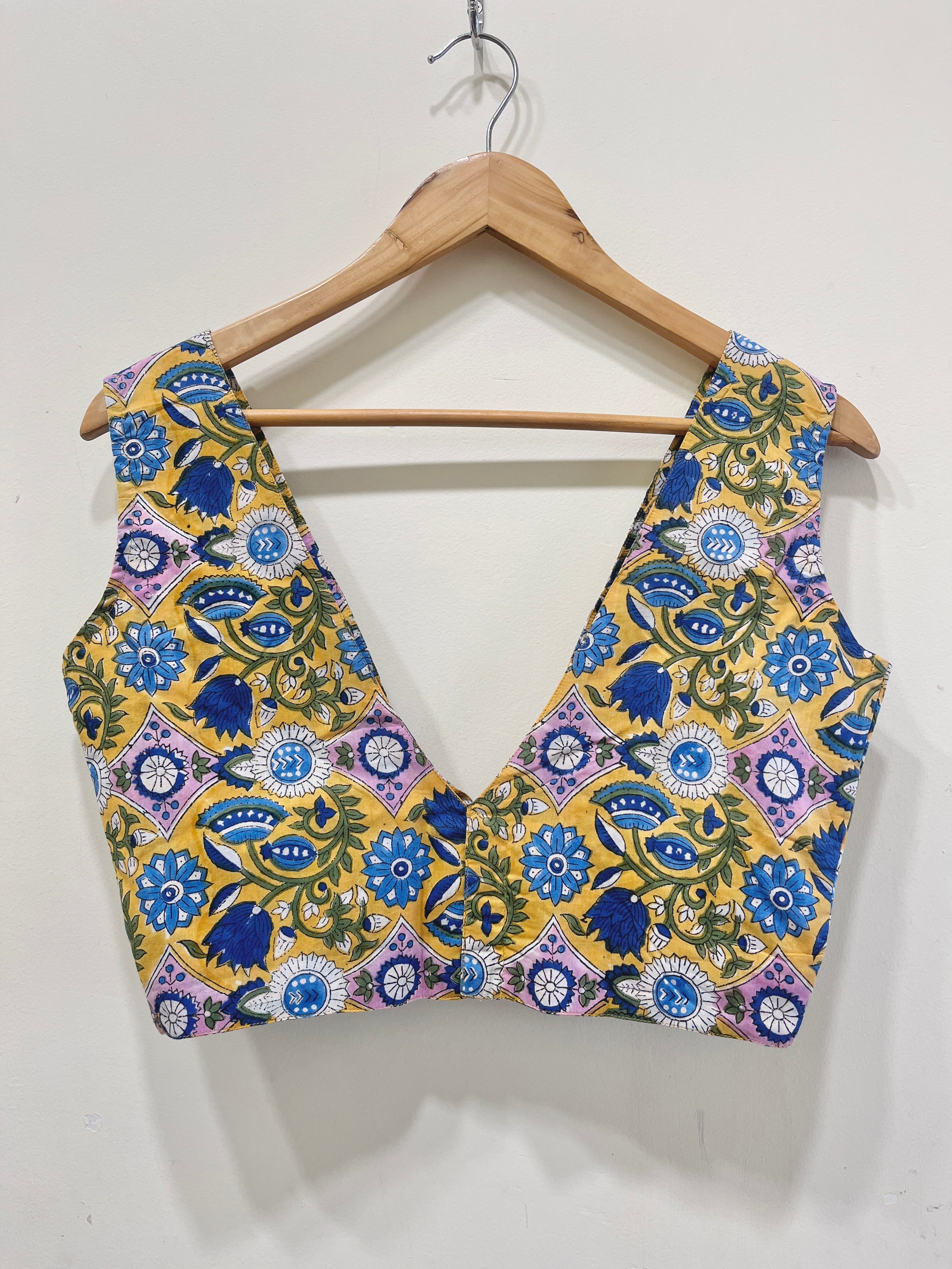 Printed Deep V-Neck Padded Cotton Blouse