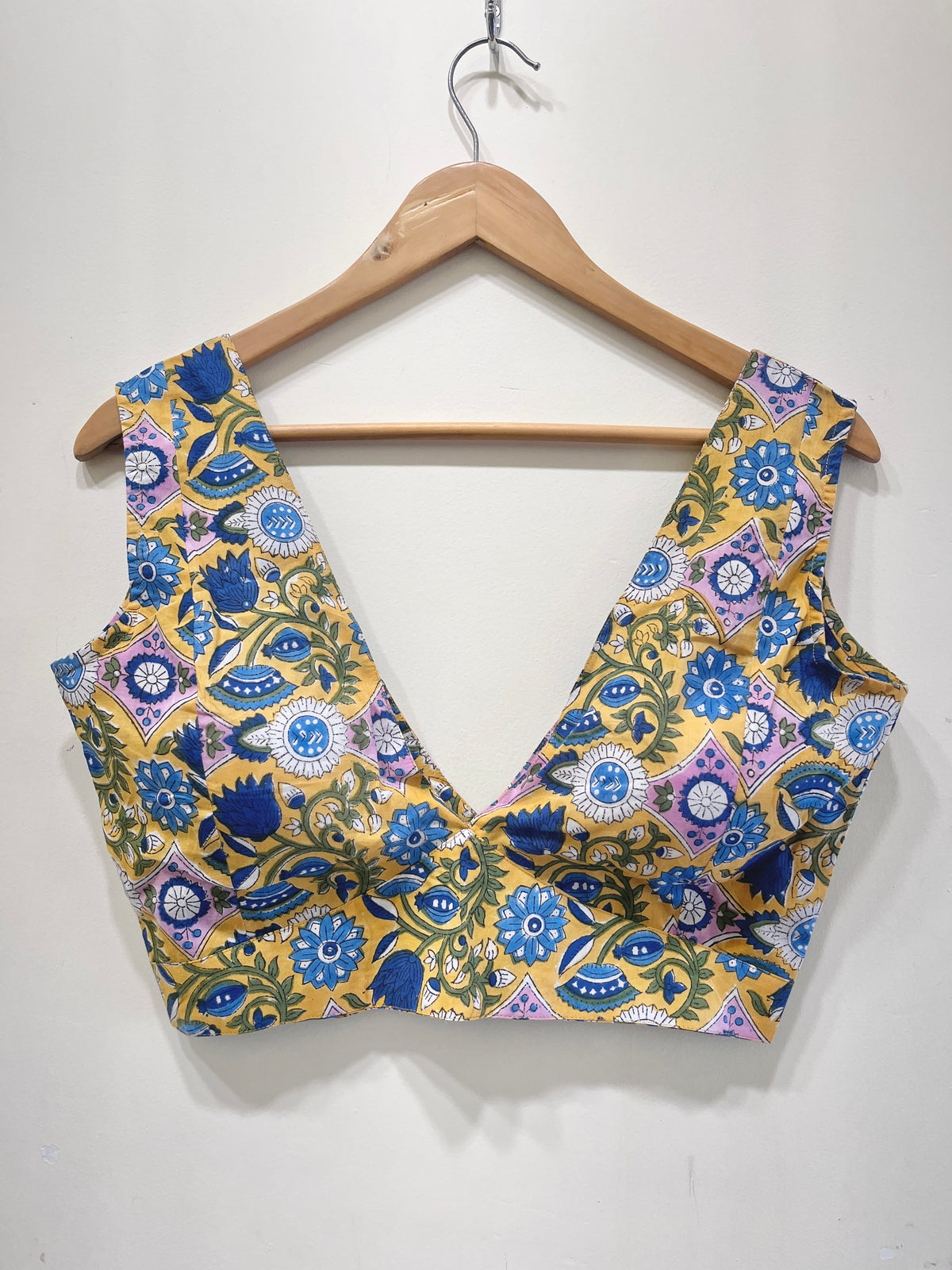Mustard Blue Floral Deep V-Neck Padded Blouse