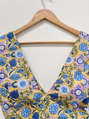Mustard Blue Floral Deep V-Neck Padded Blouse