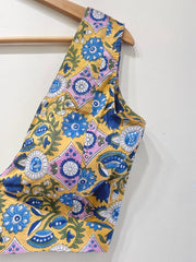 Mustard Blue Floral Deep V-Neck Padded Blouse
