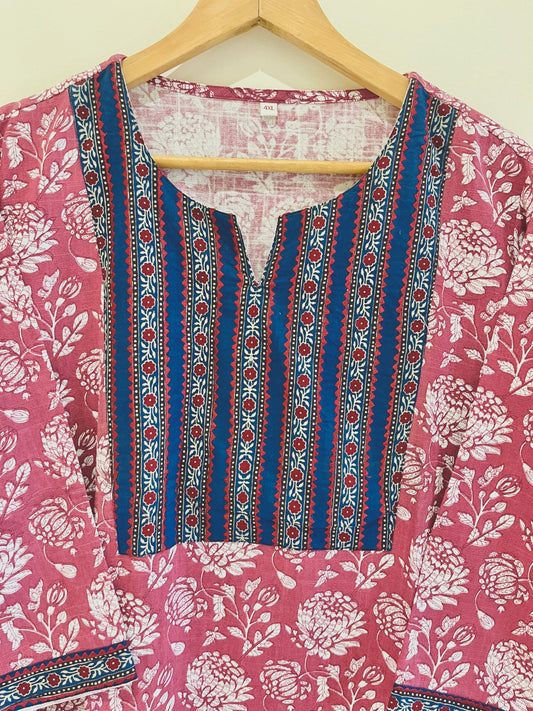 Magenta Printed Cotton Flax Kurta (3XL-6XL)