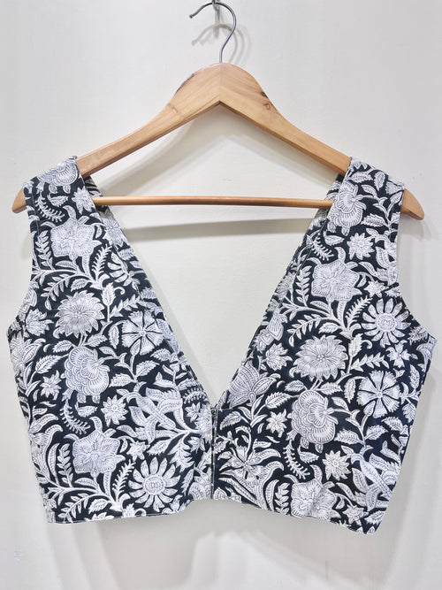 Noir Bloom Deep Neck Padded Cotton Blouse