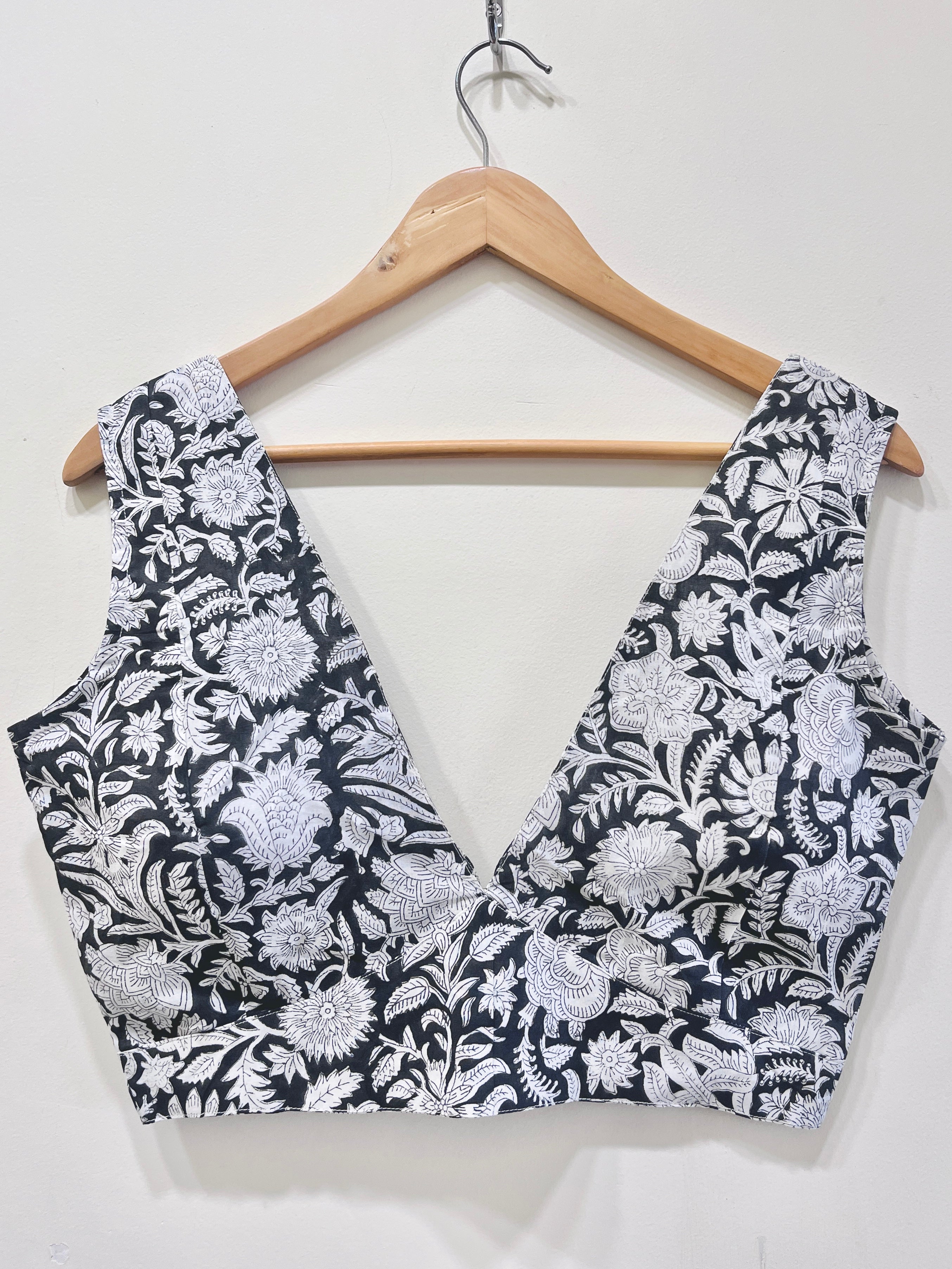 Noir Bloom Deep Neck Padded Cotton Blouse