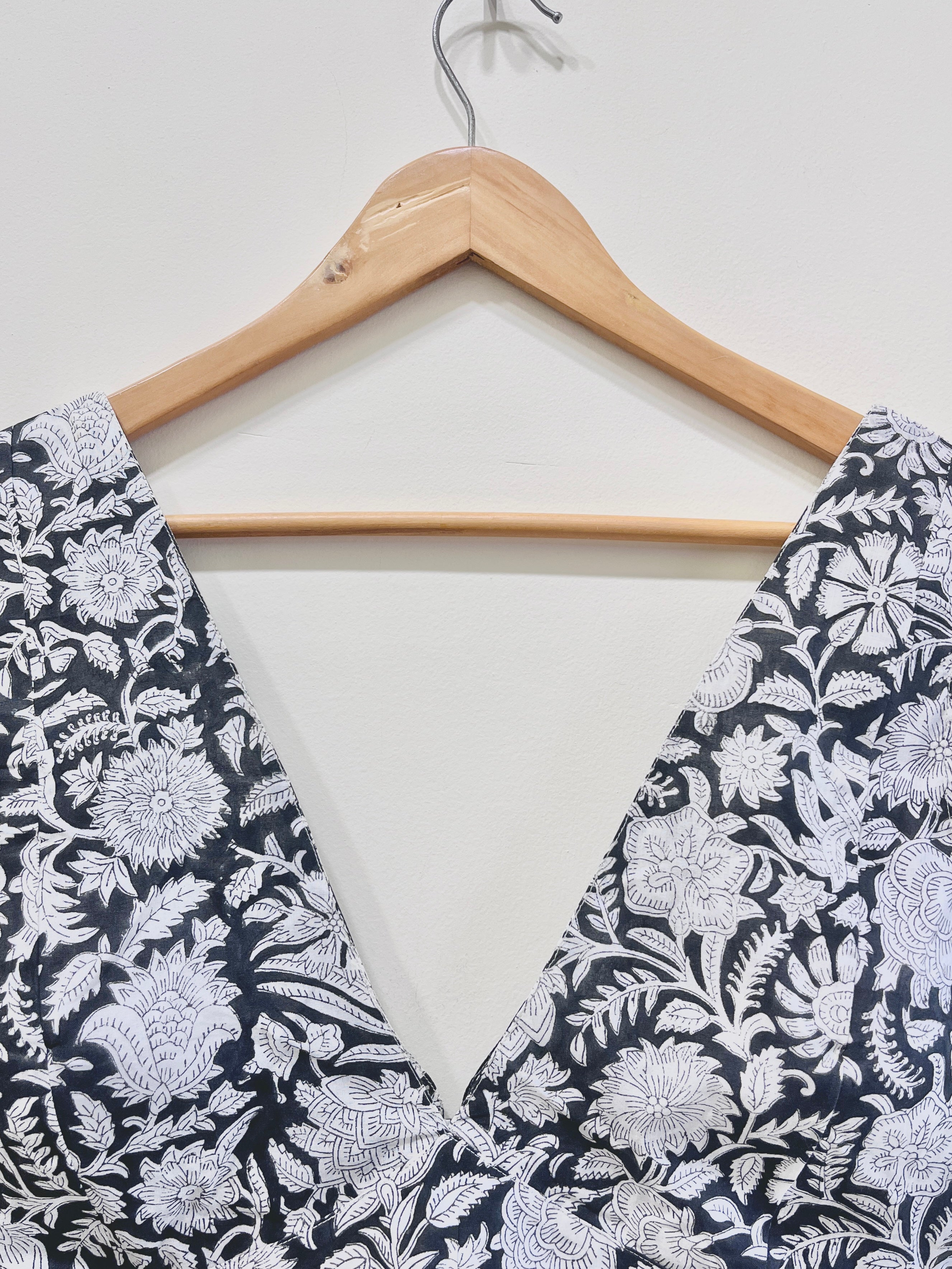 Printed Deep V-Neck Padded Cotton Blouse