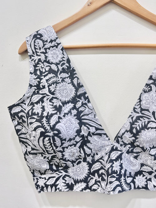 Noir Bloom Deep Neck Padded Cotton Blouse