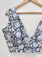 Black & White Floral Deep V-Neck Padded Blouse