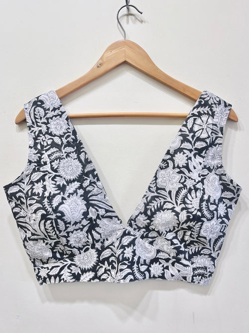 Noir Bloom Deep Neck Padded Cotton Blouse
