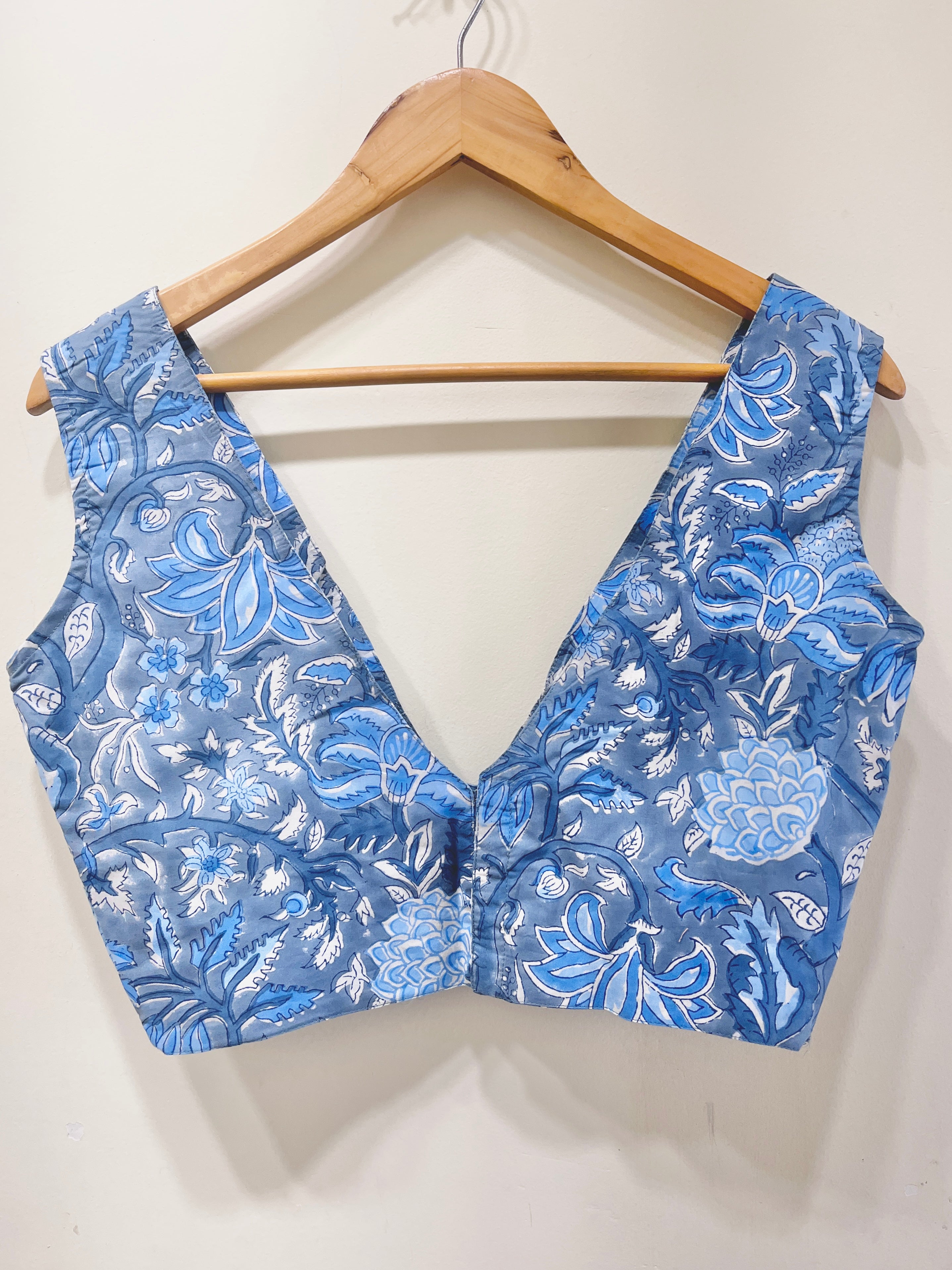 Printed Deep V-Neck Padded Cotton Blouse