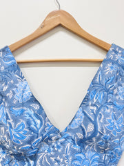 Blue Floral Deep V-Neck Sleeveless Blouse