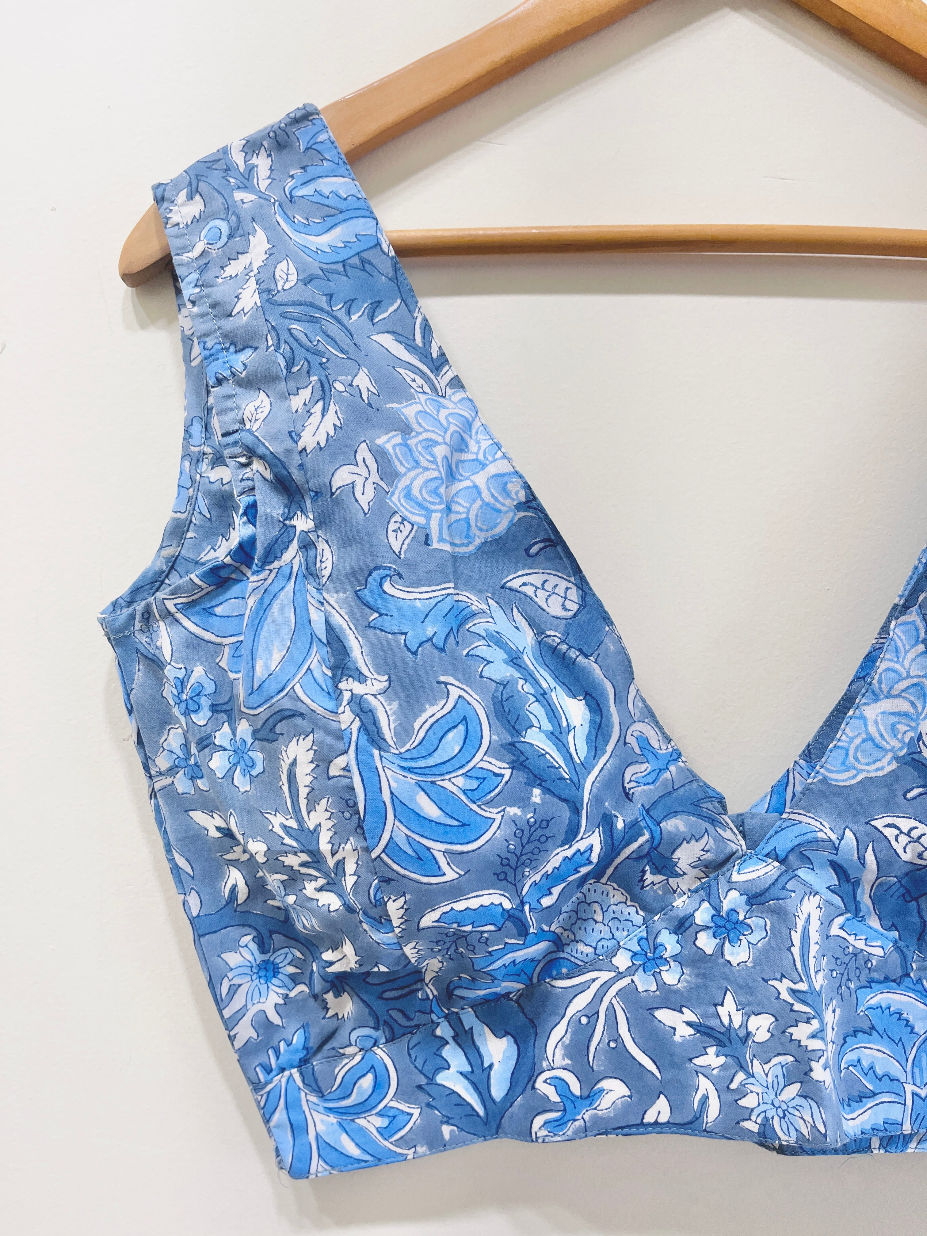 Printed Deep V-Neck Padded Cotton Blouse