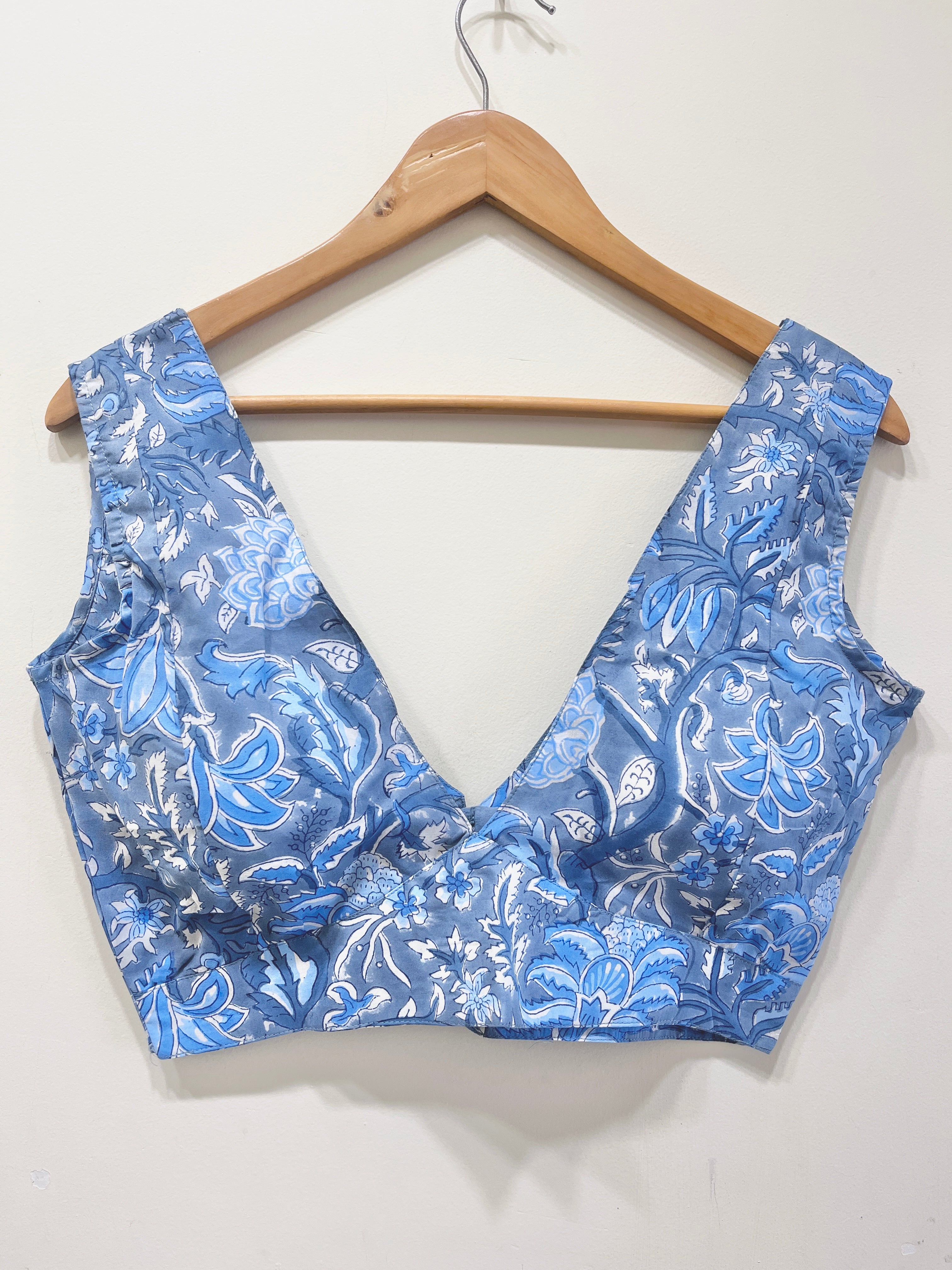 Printed Deep V-Neck Padded Cotton Blouse