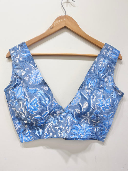 Printed Deep V-Neck Padded Cotton Blouse