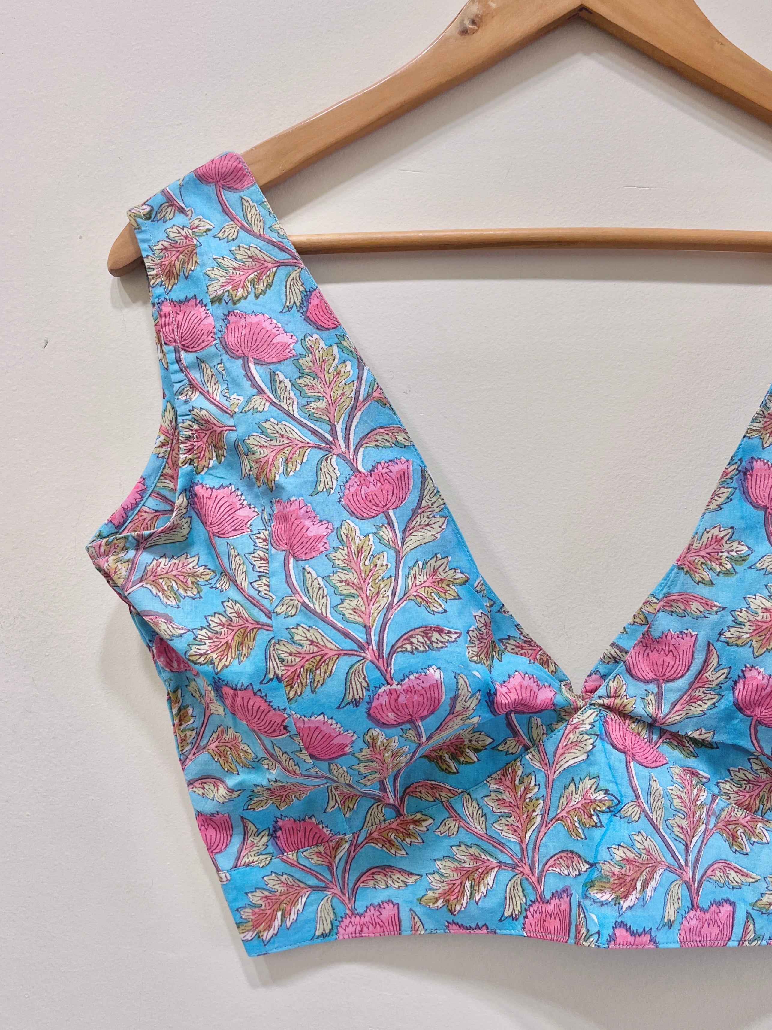 Printed Deep V-Neck Padded Cotton Blouse