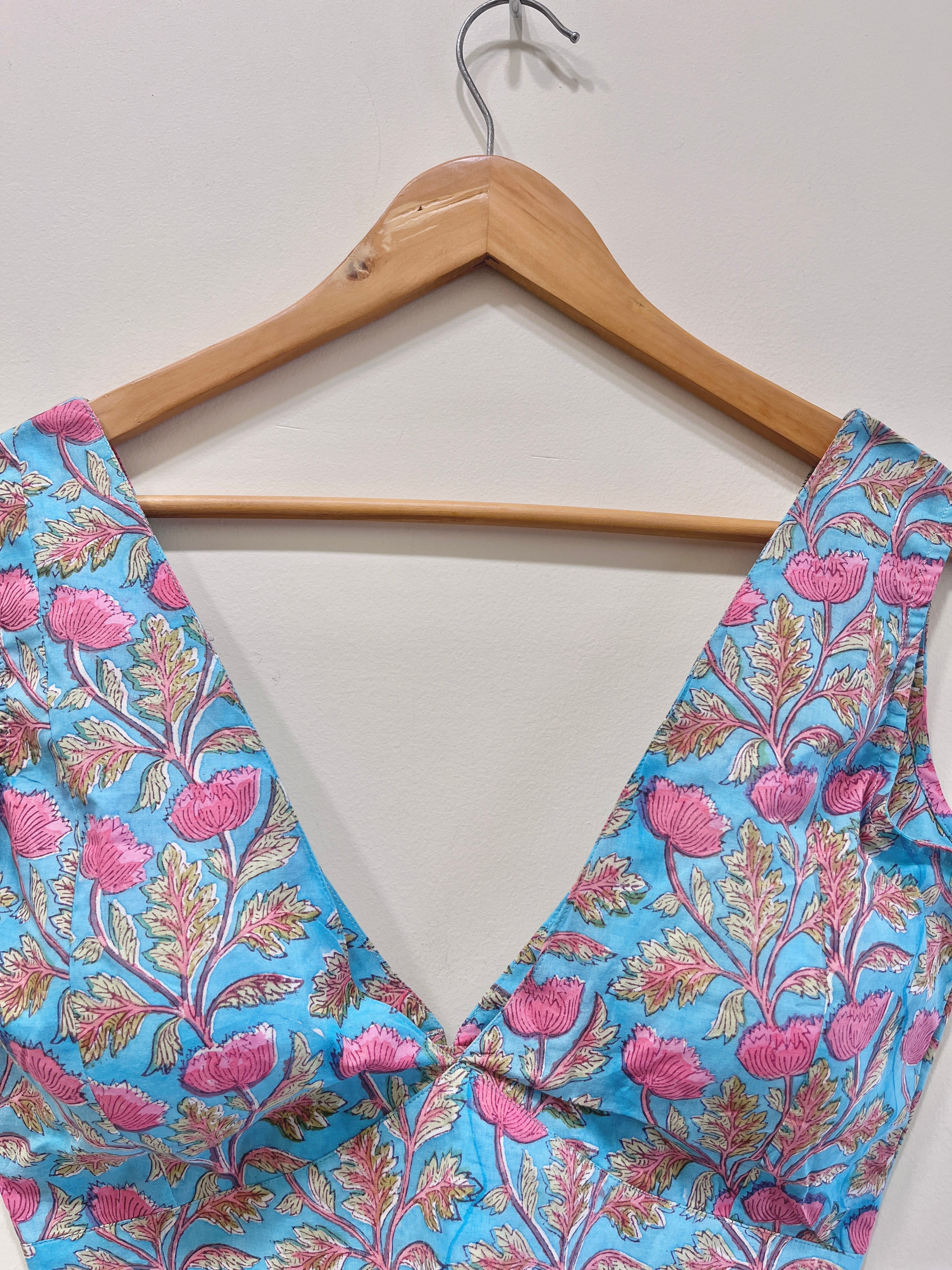 Printed Deep V-Neck Padded Cotton Blouse
