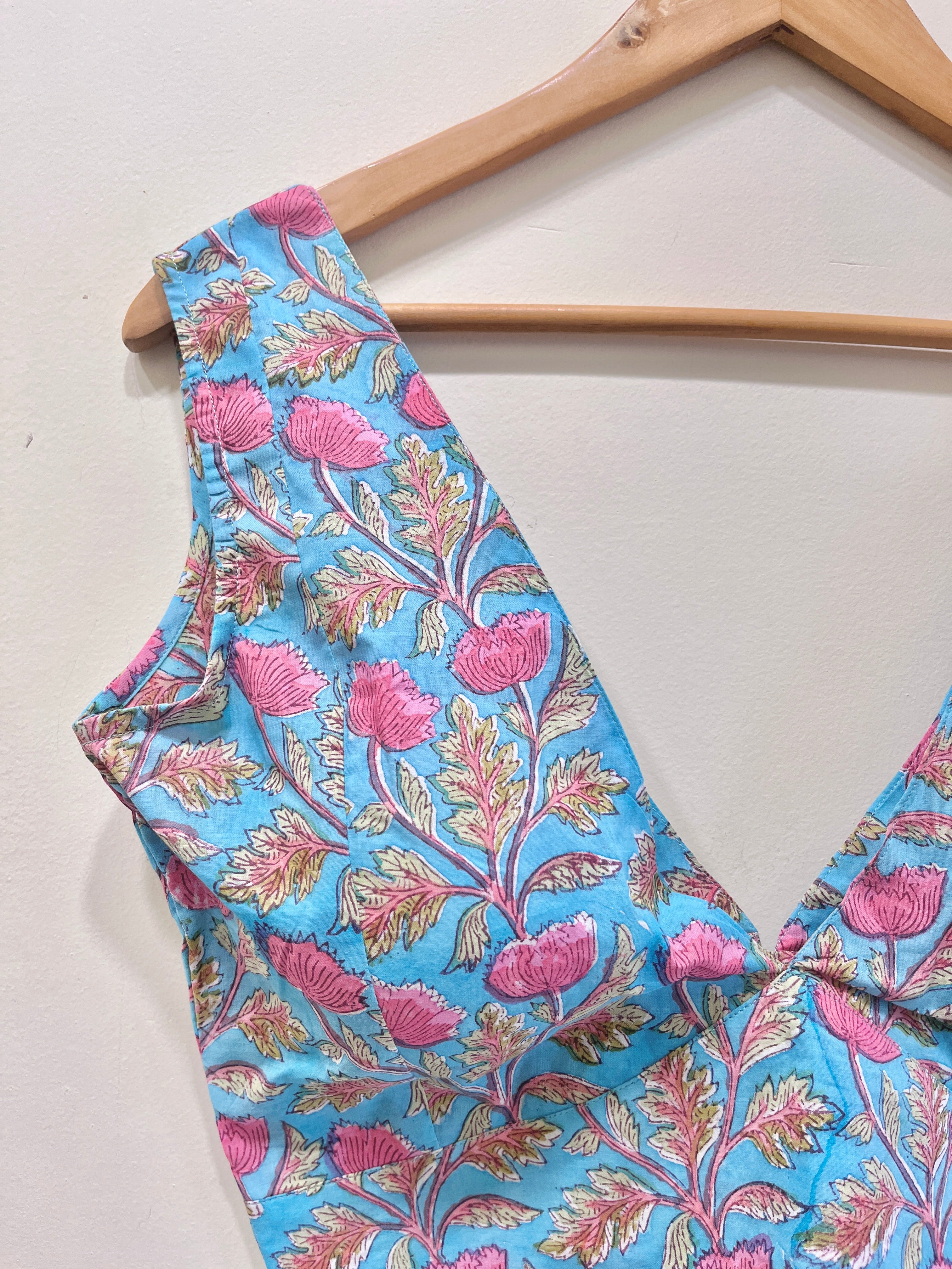 Printed Deep V-Neck Padded Cotton Blouse