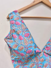 Aqua Pink Floral Padded V-Neck Blouse