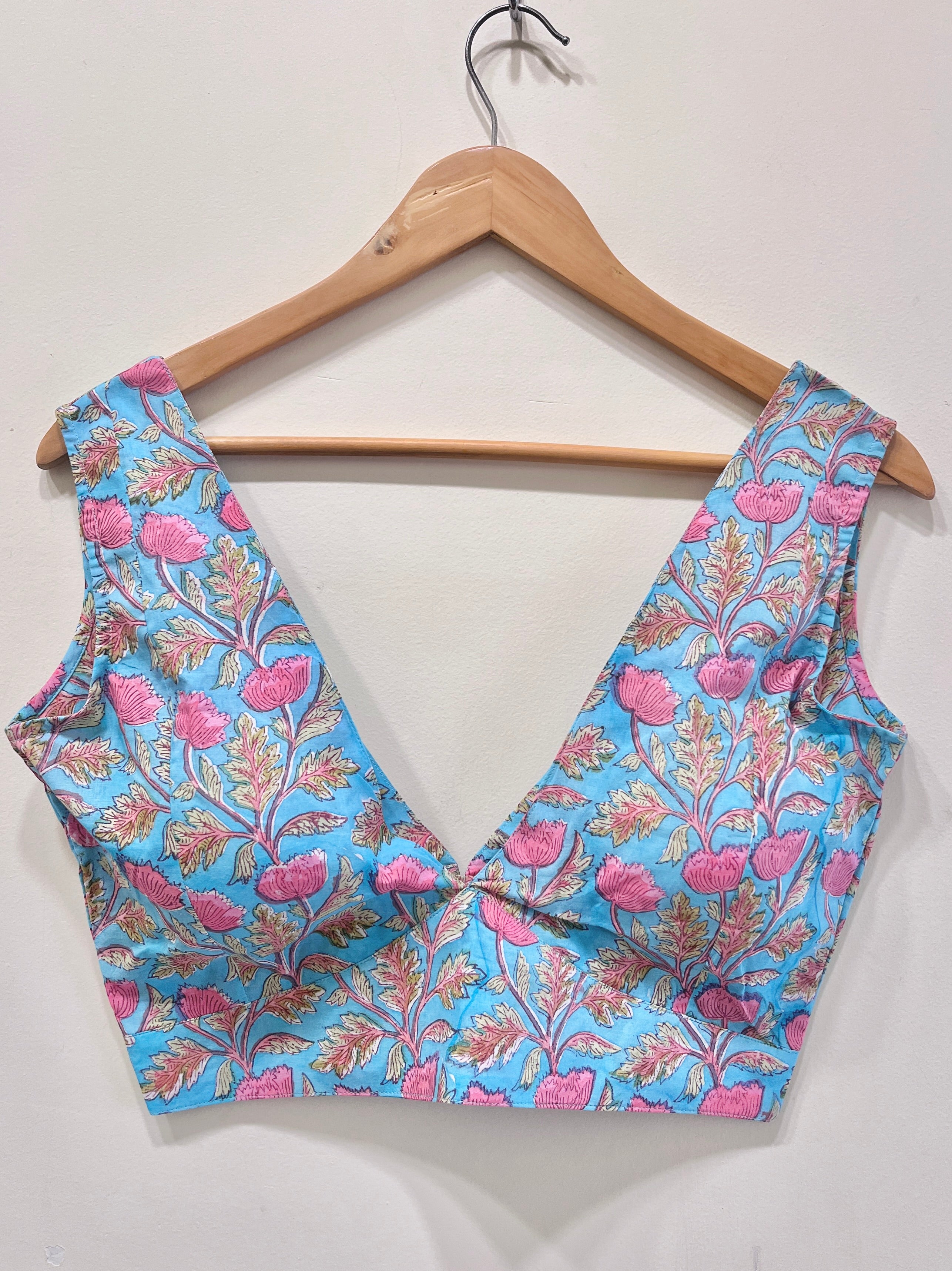 Printed Deep V-Neck Padded Cotton Blouse