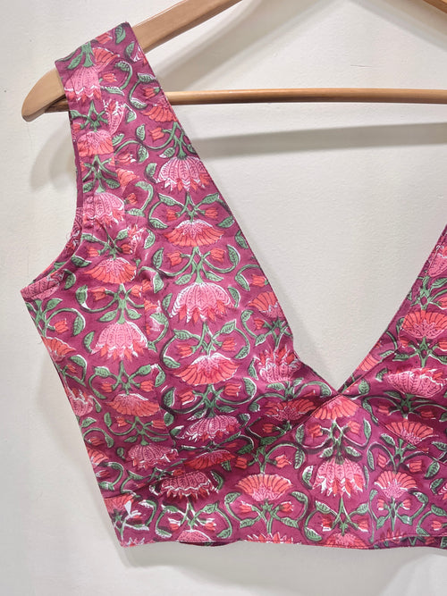 Printed V-Neck Padded Cotton Blouse