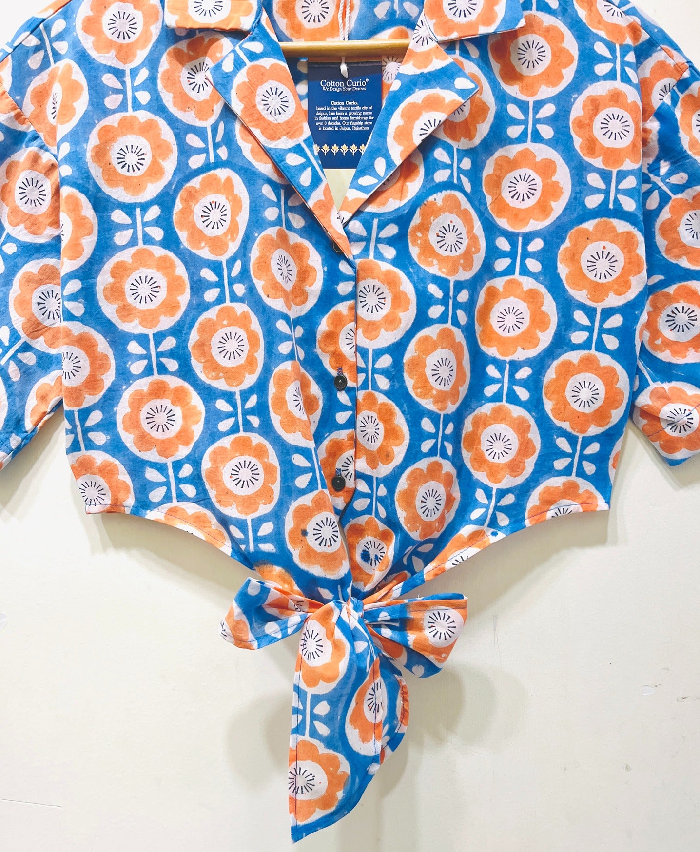 Tangerine Mosaic Tie-Front Crop Shirt