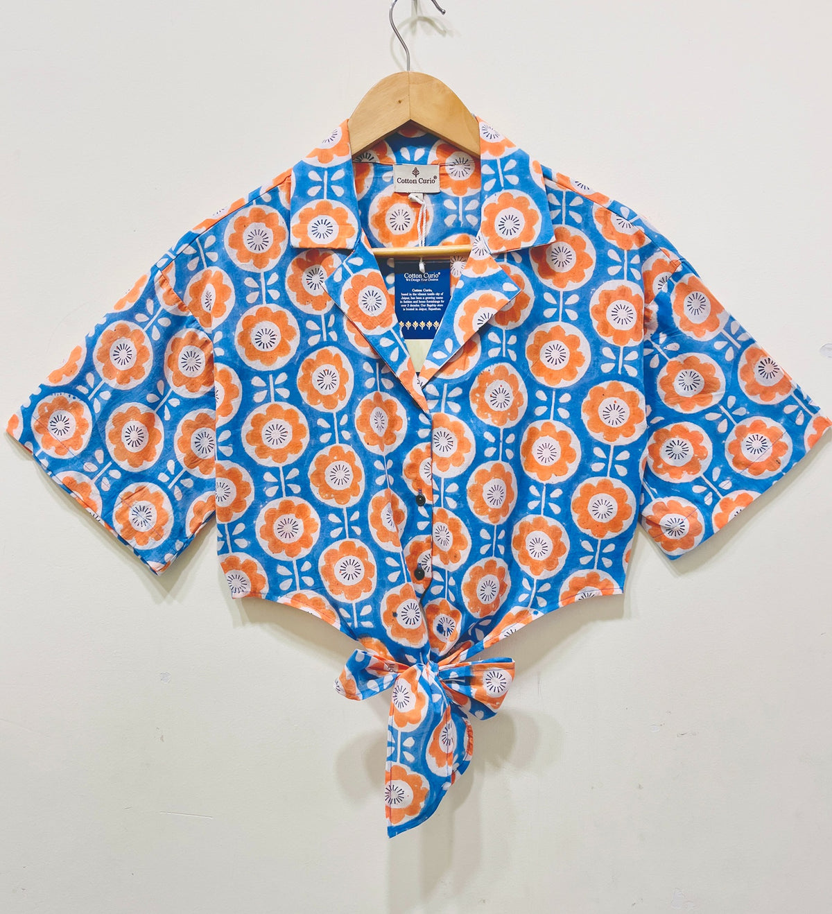 Tangerine Mosaic Tie-Front Crop Shirt