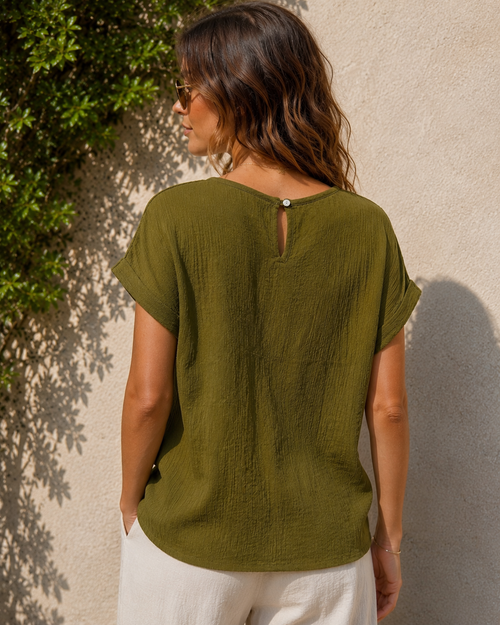 Olive Gauze Relaxed Cotton Short Top