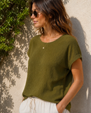 Olive Gauze Relaxed Cotton Short Top