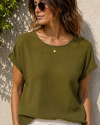 Olive Gauze Relaxed Cotton Short Top
