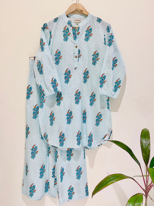Blue Paisley Kurta Pant Co-Ord Set
