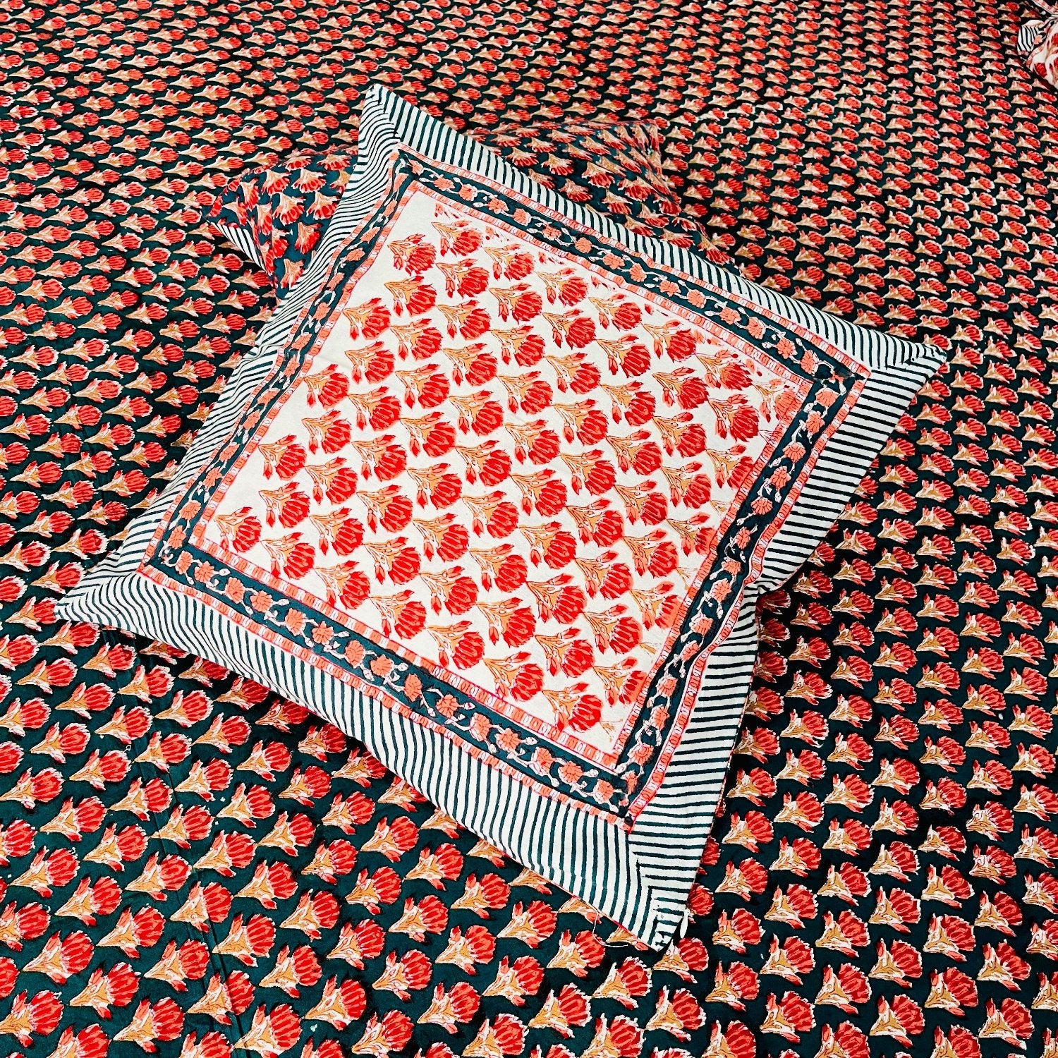 Red and Green Bed Sheet with Pillow Covers