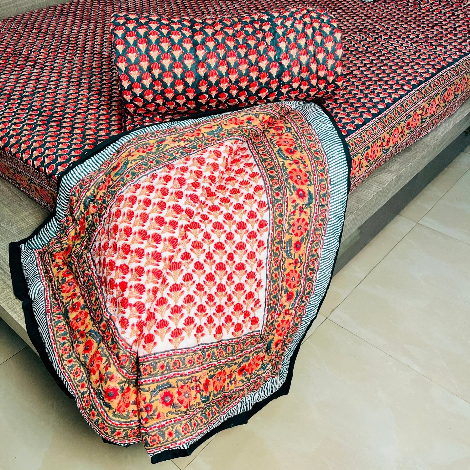 Red and Green Jaipuri Razai