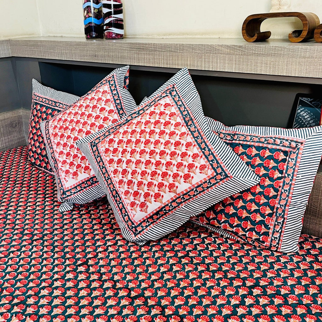 Red and Green Bed Sheet with Pillow Covers
