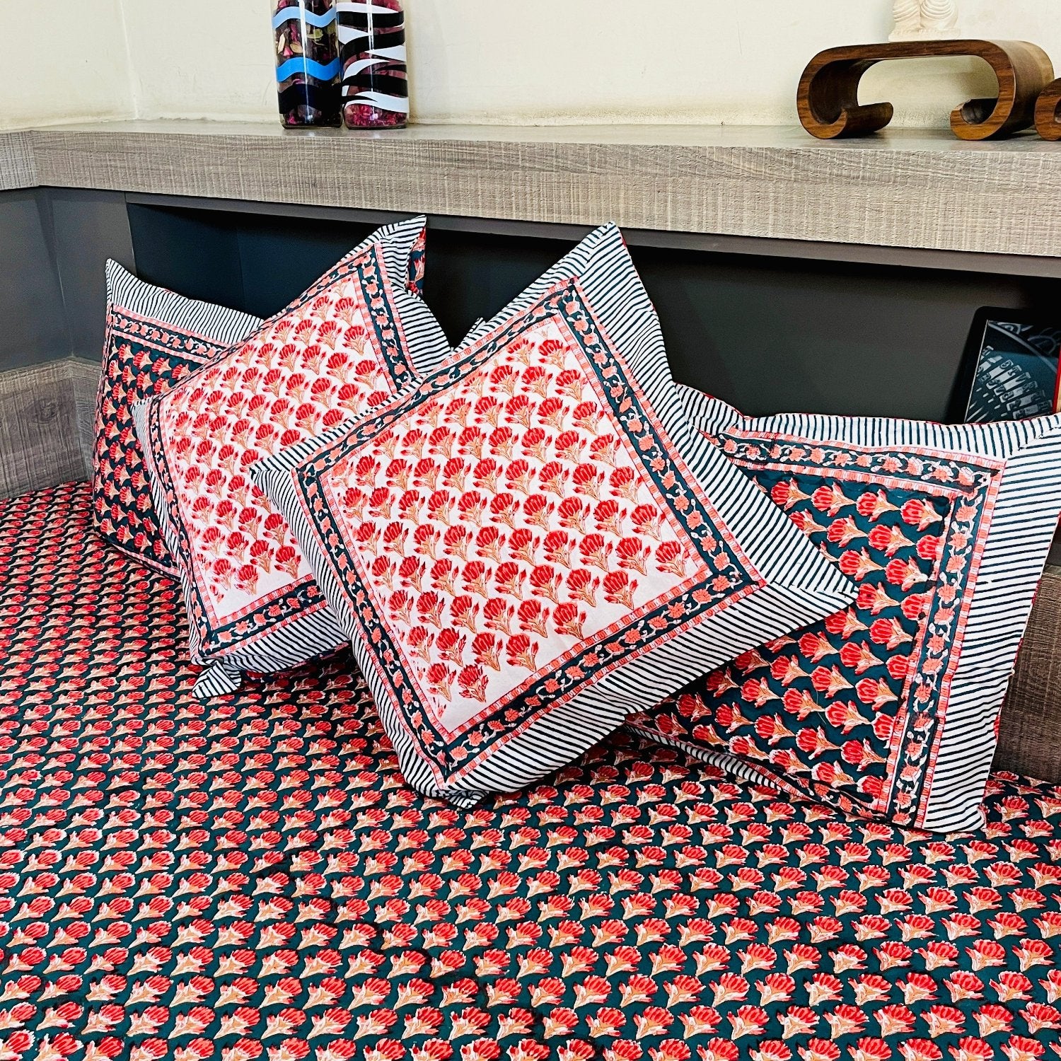 Red and Green Bed Sheet with Pillow Covers