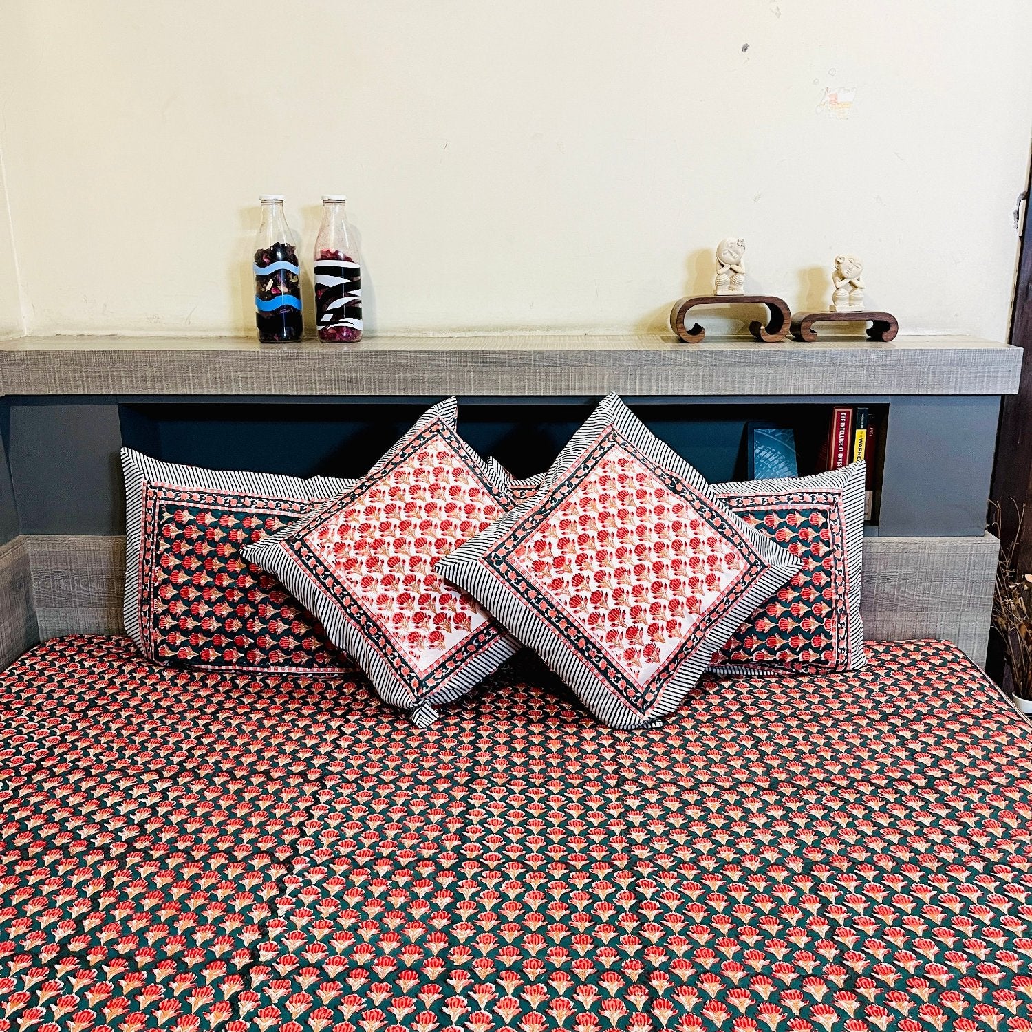 Red and Green Bed Sheet with Pillow Covers