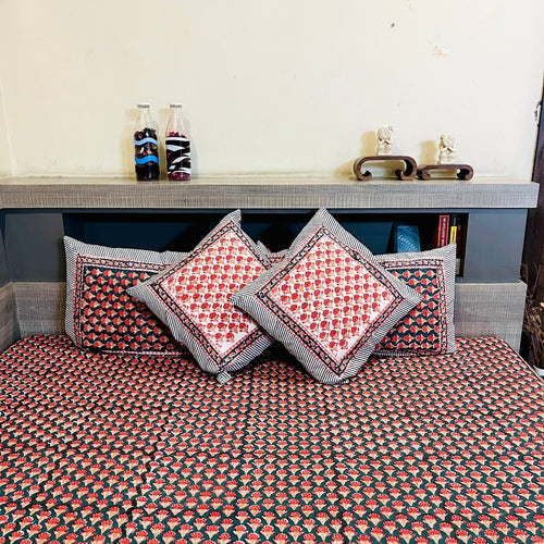 Red and Green Bed Sheet with Pillow Covers