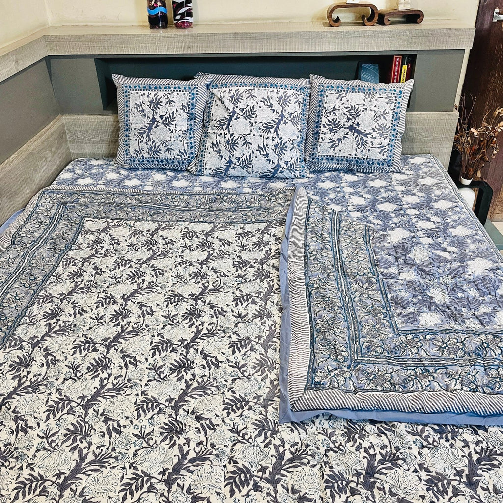 Grey Flower Bed Sheet with Pillow Covers