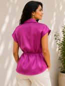 Fuchsia Satin Belted Shirt Top