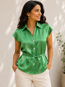 Pear Satin Belted Shirt Top