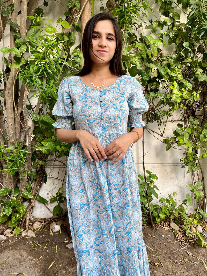 Frosty Bloom Block Printed Dress